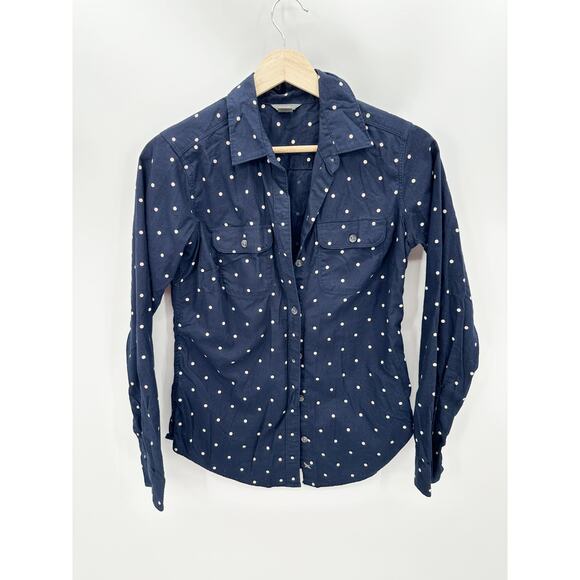Eddie Bauer Top Women XS Navy Blue Cream Polka Dot 100% Cotton Button Down - Picture 1 of 8